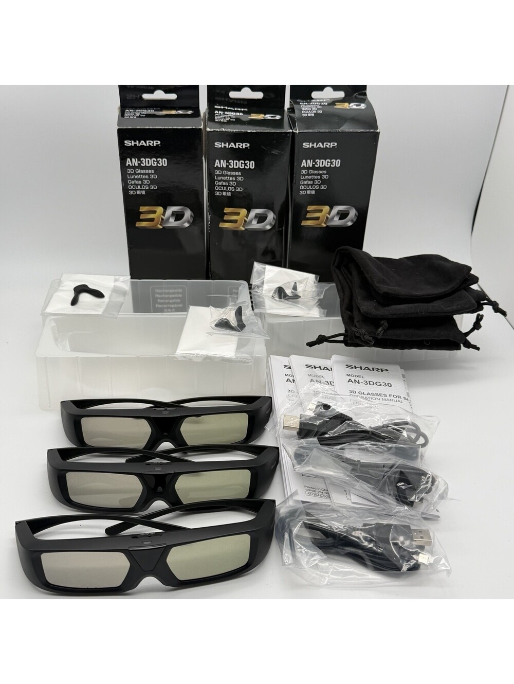 Sharp AN-3DG30 3D Glasses Lot of 3 Rechargeable AQUOS TV Box Accessories